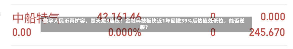 数字人民币再扩容	，楚天龙3连板！金融科技板块近1年回撤39%后估值处低位，能否逆袭？-第2张图片